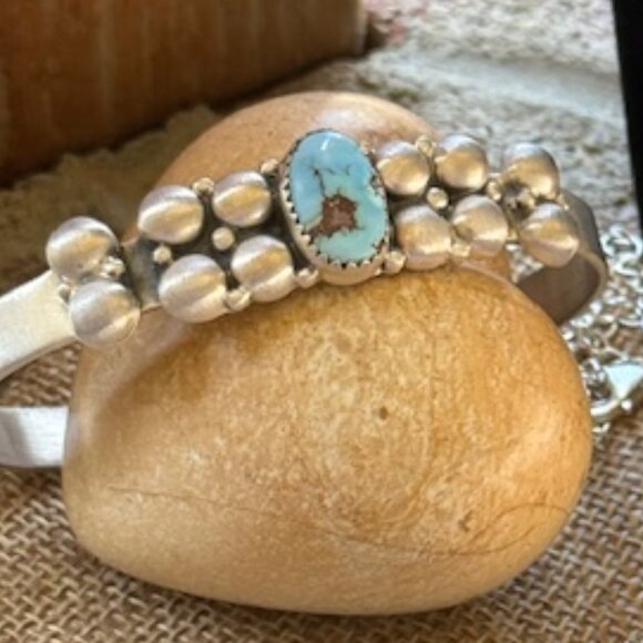 Handmade Sterling Silver Golden Hills Turquoise Cuff Bracelet - Picture 2 of 3